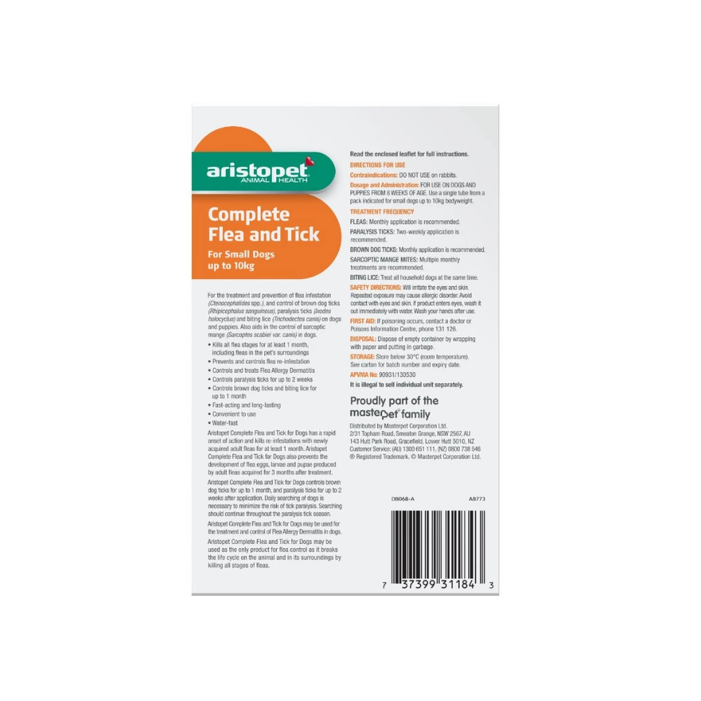 Aristopet Complete Flea & Tick Spot On Dog Small Up To 10kg Orange - Image 4